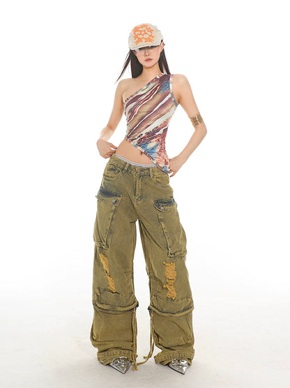 Vintage Destroyed Denim Cargo Pants