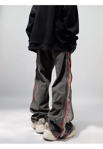 Side Slit Zipper Shredded Wide Leg Loose Fit Jeans