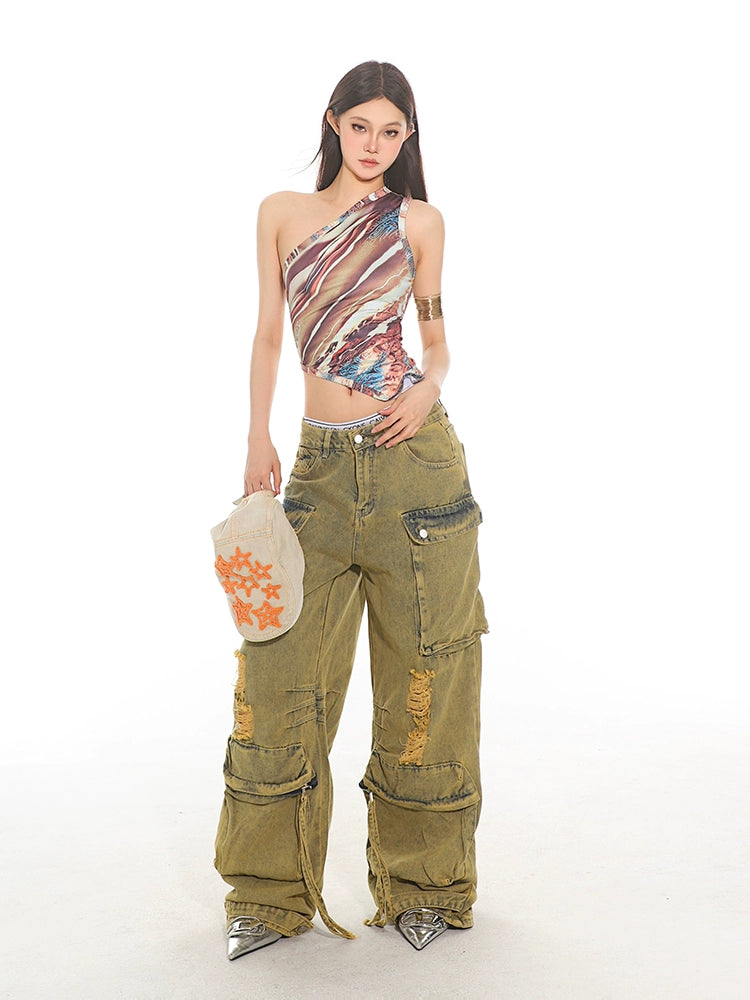 Vintage Destroyed Denim Cargo Pants