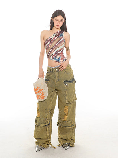 Vintage Destroyed Denim Cargo Pants