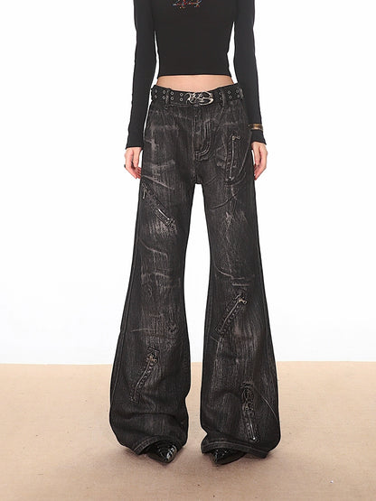 Black Distressed Denim Jeans with Zipper Details