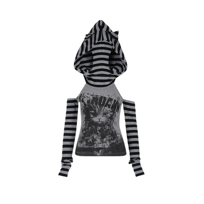 AFTADAWN Original | Rock Cat pile collared hooded cutout striped contrast sweatshirt