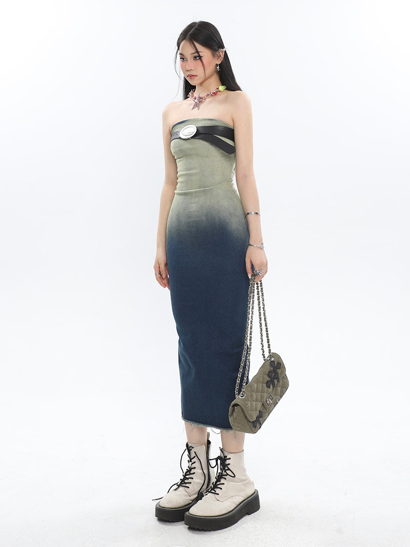 Gradient Raw Edge Tube Midi Dress