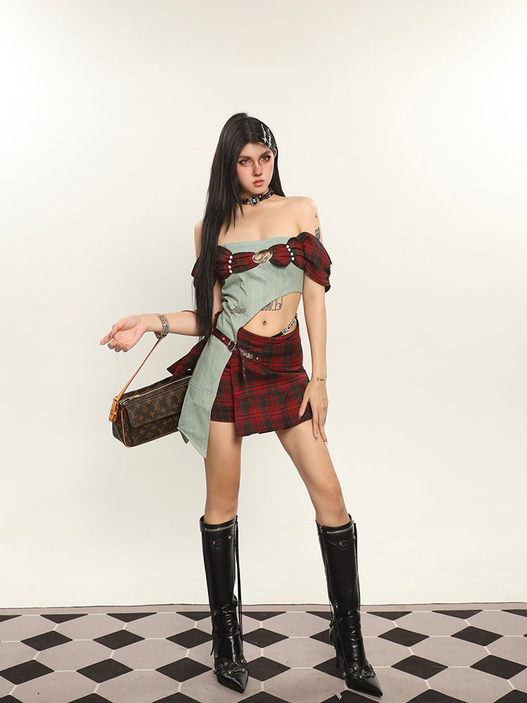 Plaid and Denim Off Shoulder Top + Skirt Set