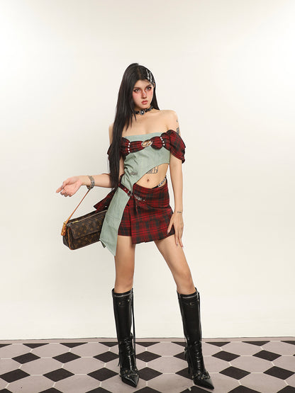 Plaid and Denim Off Shoulder Top + Skirt Set