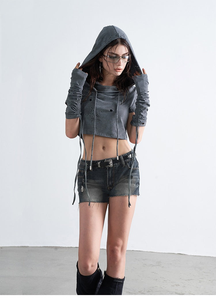 Destroyed Subversive Cropped Hoodie with Sleeves