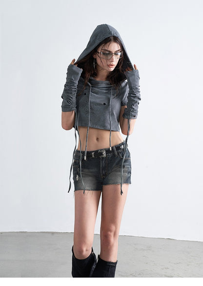 Destroyed Subversive Cropped Hoodie with Sleeves