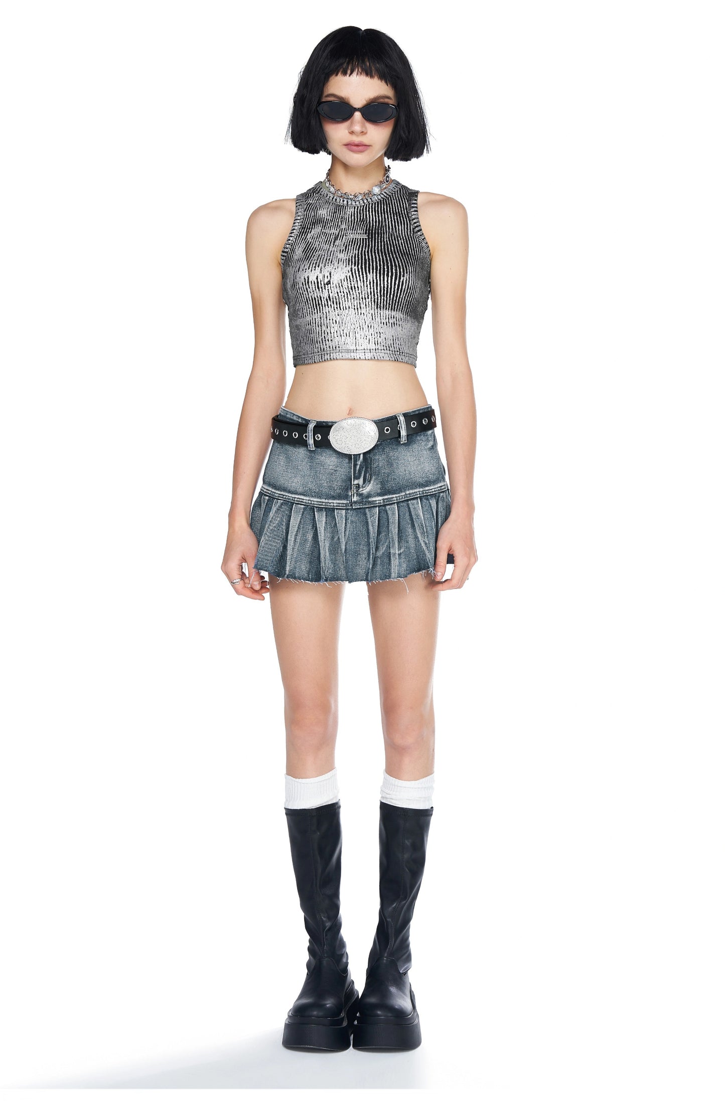Denim Ruffle Pleated Mini Skirt