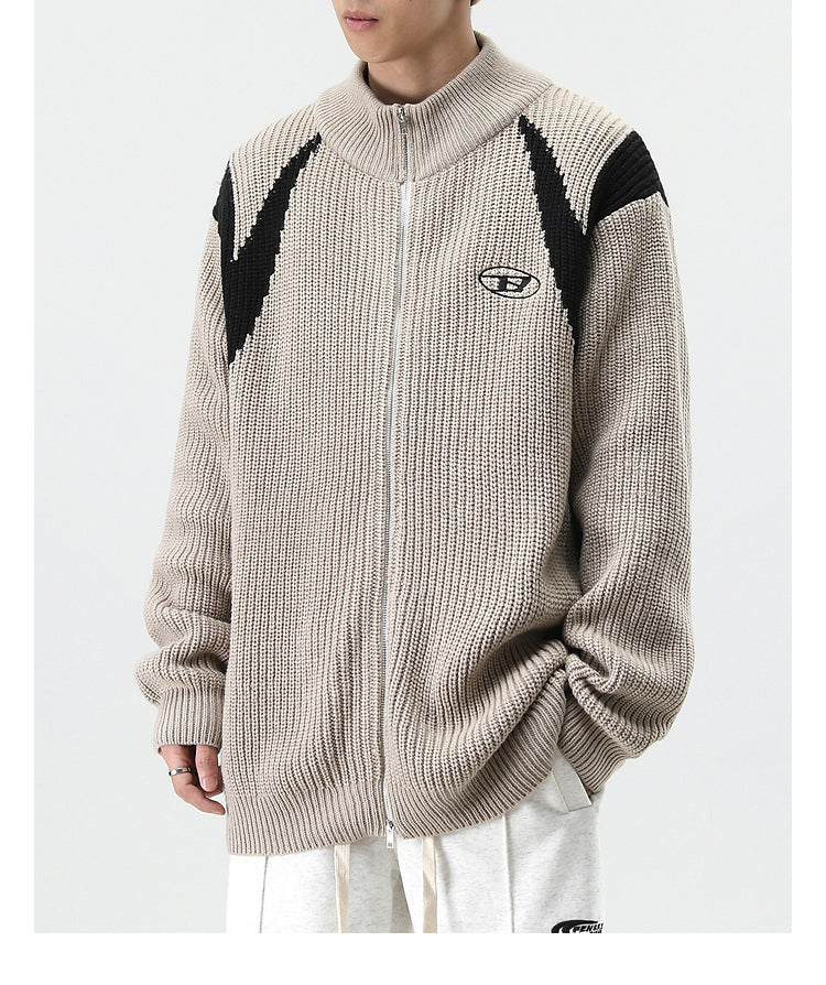 Streetwear Tan Contrast Knit Zip Cardigan