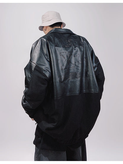 X3 Faux Leather Block Bomber Jacket