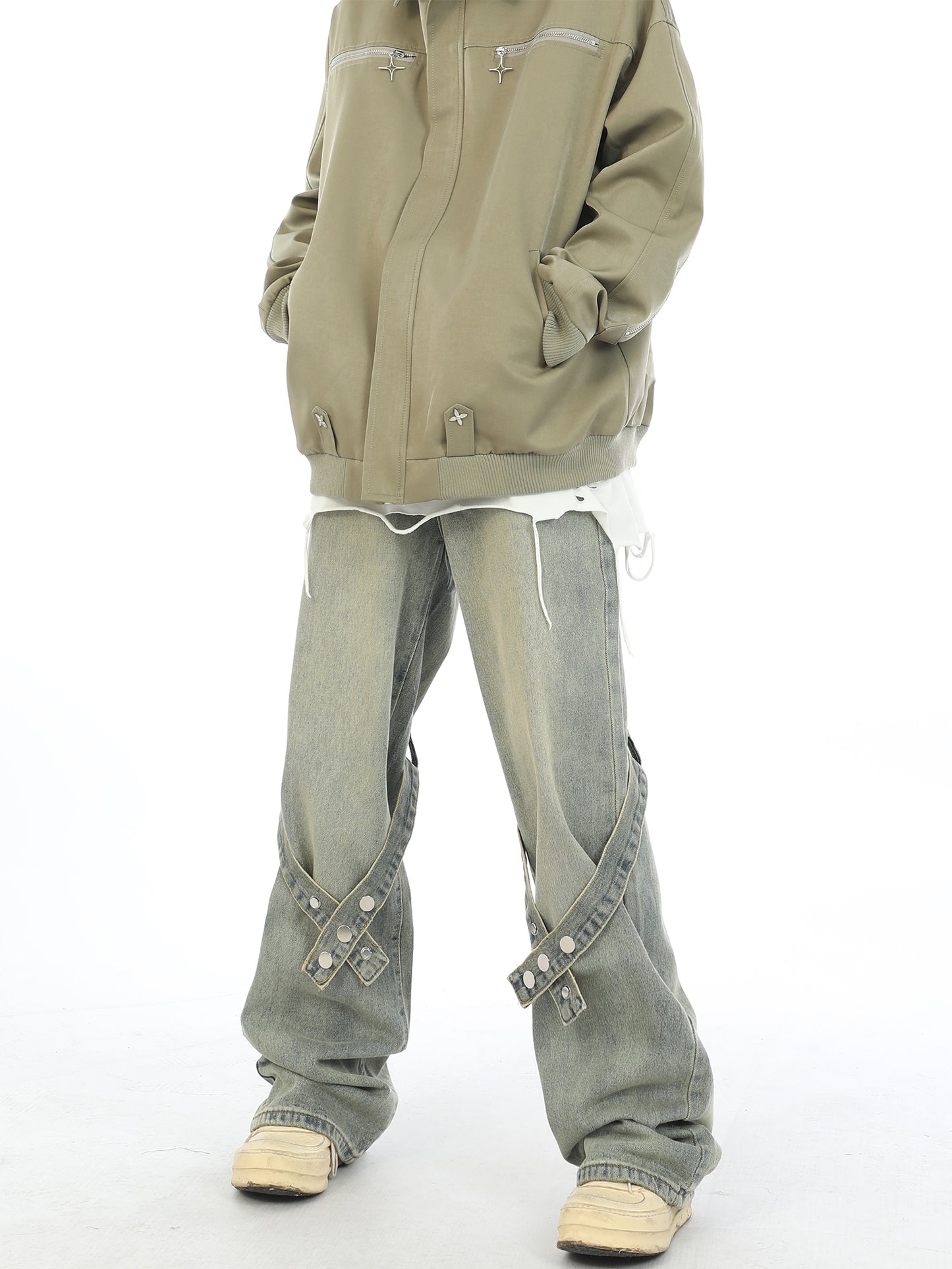 Snap Tab Strap Faded Relaxed Jeans