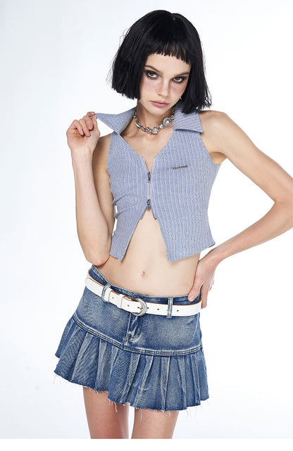 Ribbed Collared Polo Zip Sleeveless Top