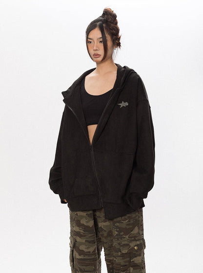 Asymmetric Zipper Faux Suede Hoodie