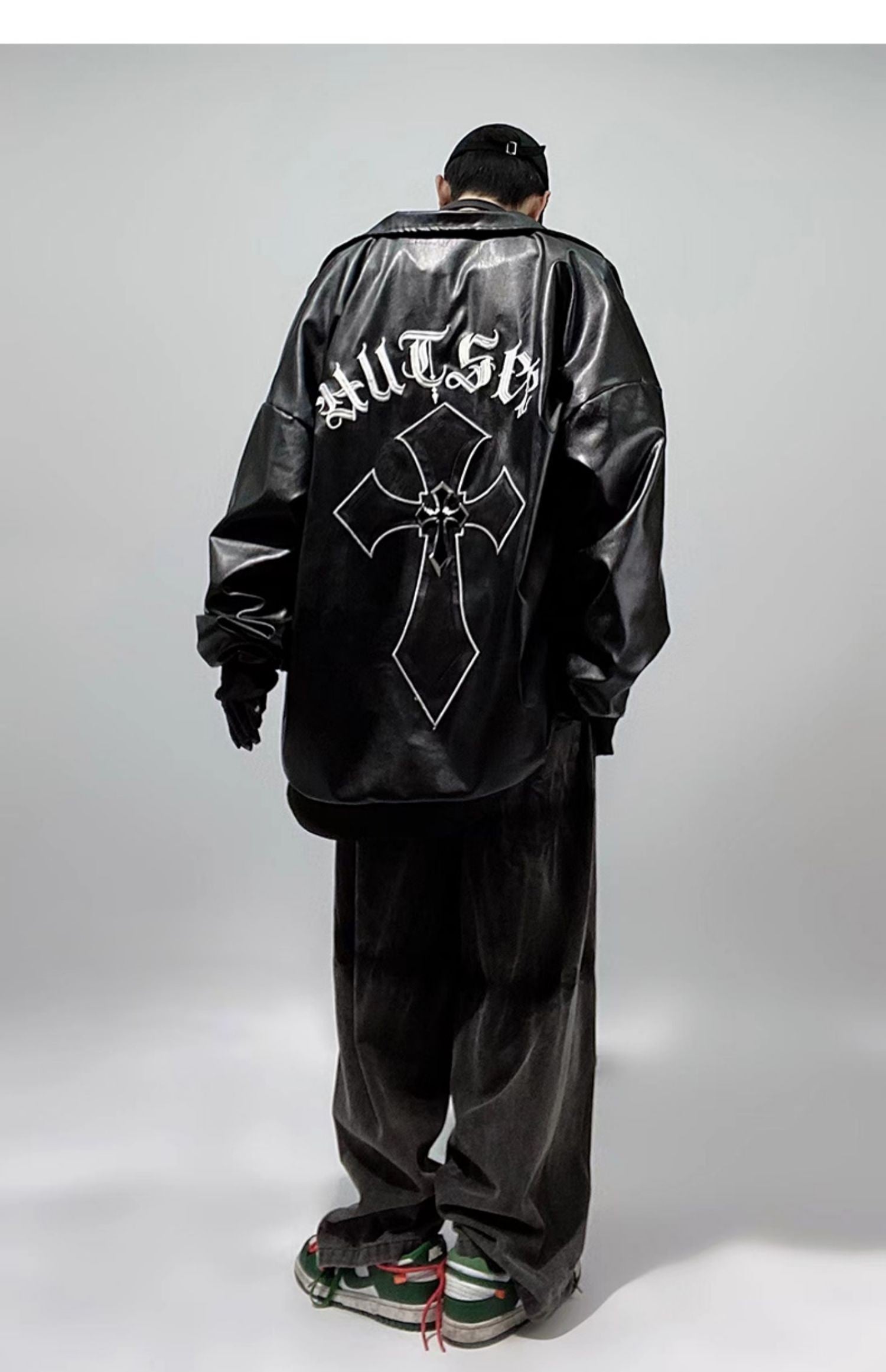 Streetwear Cross Faux Leather Bomber Jacket