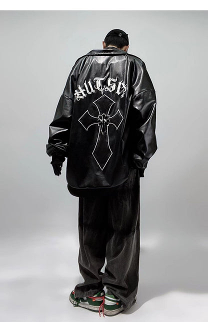 Streetwear Cross Faux Leather Bomber Jacket