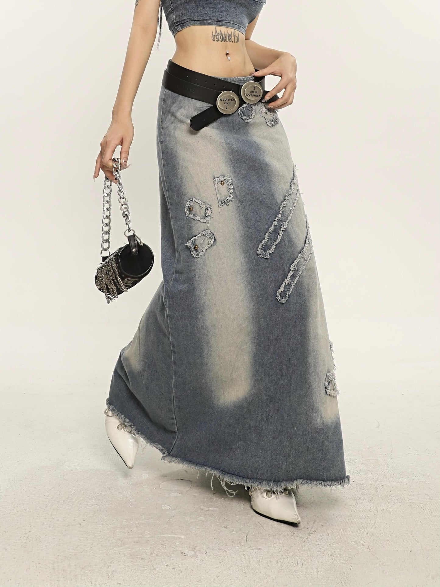 Raw Edge Denim Maxi Skirt