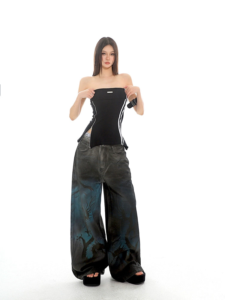 Graffiti Dragon Wide Leg Denim Jeans