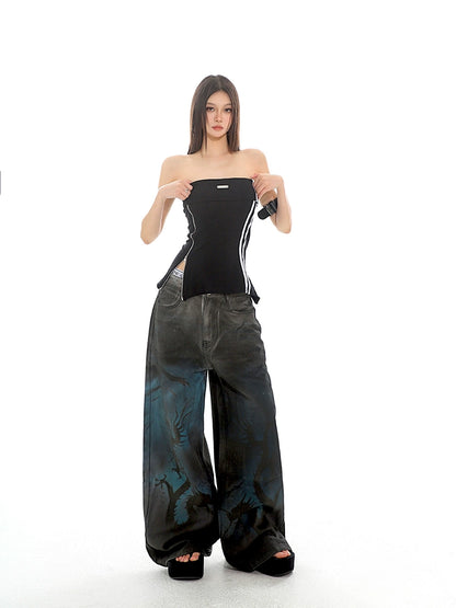 Graffiti Dragon Wide Leg Denim Jeans