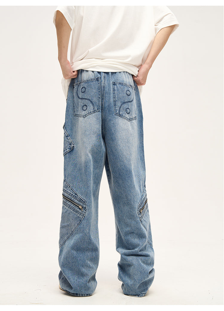 Distressed Drawstring Wide Leg Cargo Jeans