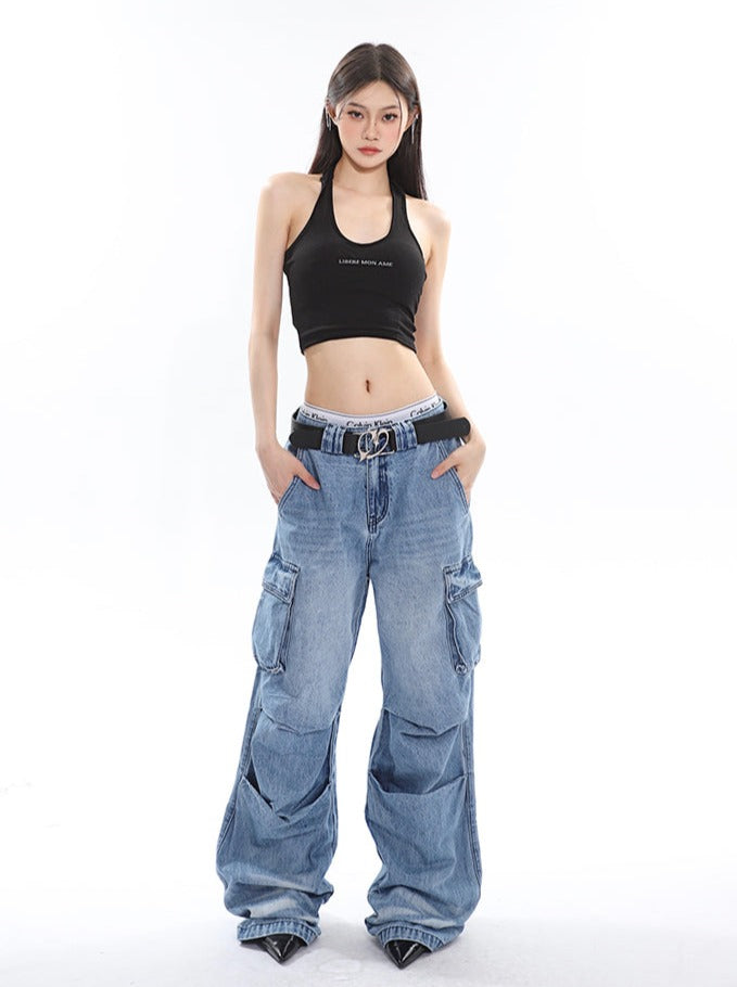 Slouchy Pleated Cargo Jeans