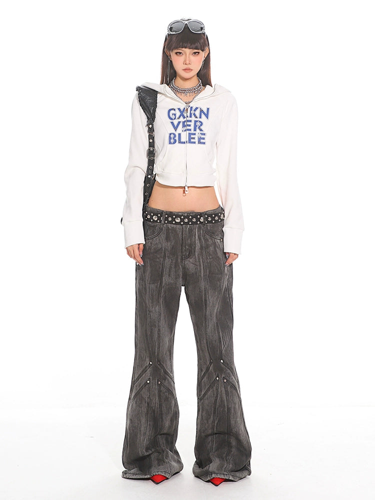 Washed Black Rivet-Knee Flared Jeans