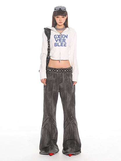 Washed Black Rivet-Knee Flared Jeans