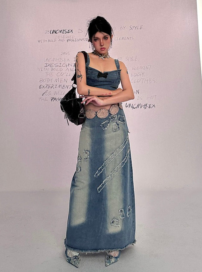Raw Edge Denim Maxi Skirt