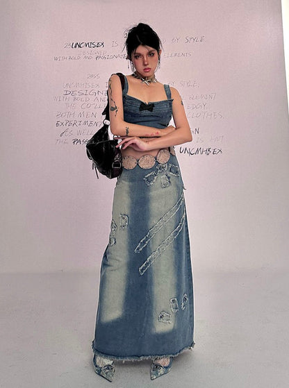 Raw Edge Denim Maxi Skirt