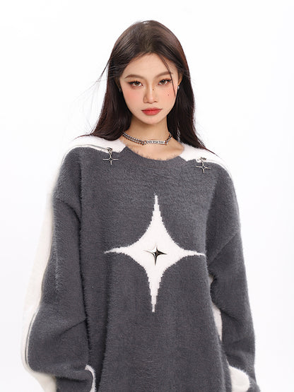 Star Exposed Shoulder Oversized Sweater