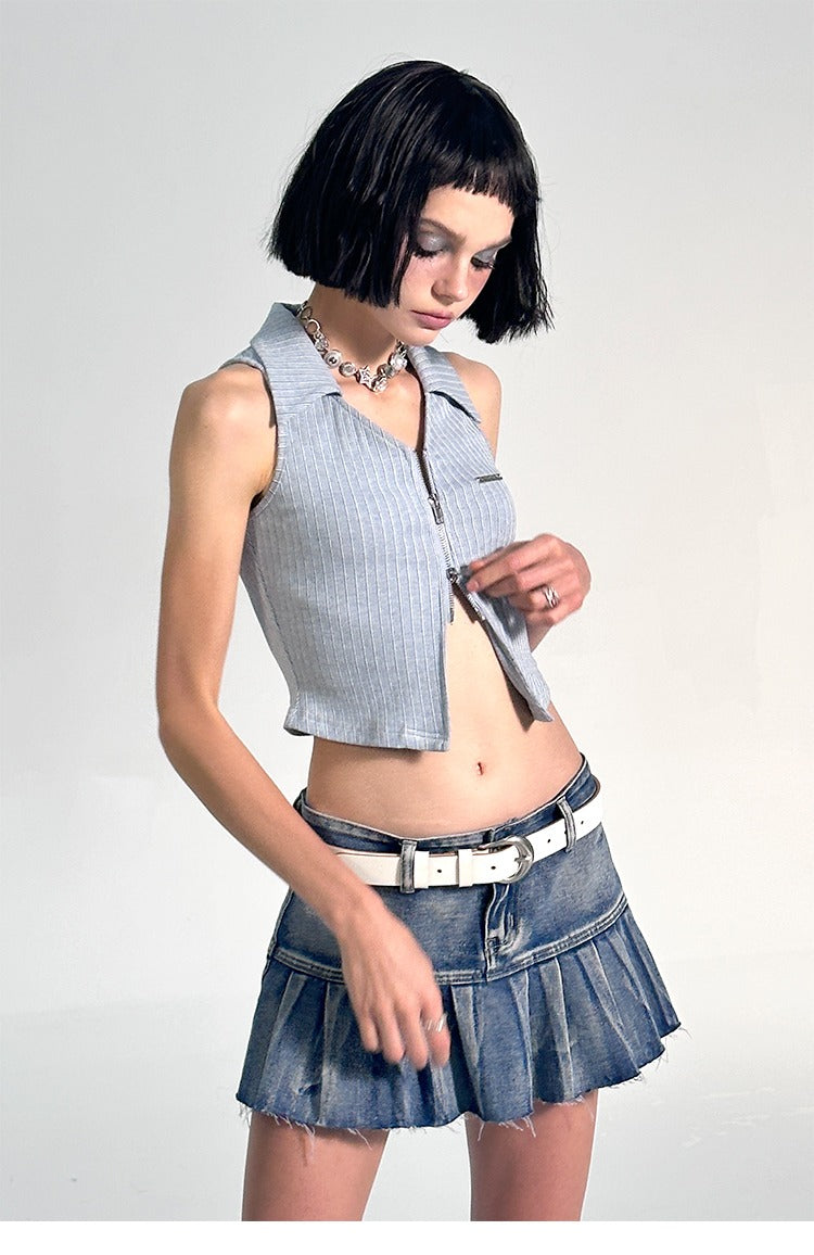 Ribbed Collared Polo Zip Sleeveless Top
