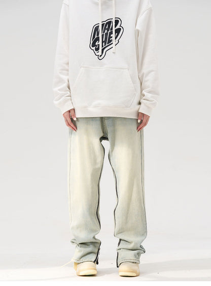 Zipper Inseam Bleached Straight Leg Jeans