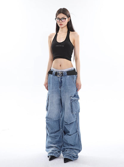 Slouchy Pleated Cargo Jeans