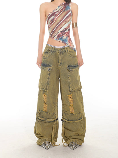 Vintage Destroyed Denim Cargo Pants