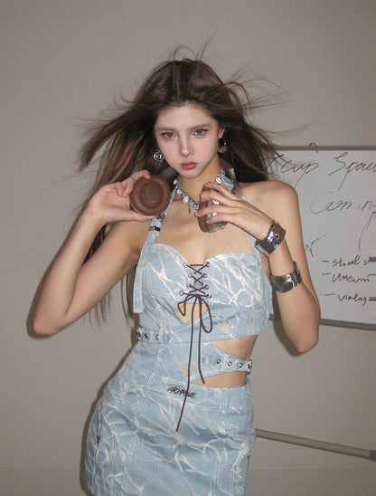 Denim Halter Cutout Dress