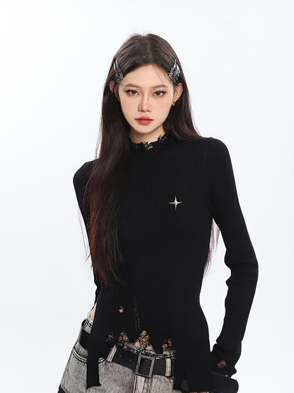 Destroyed Ribbed Long Sleeve Top