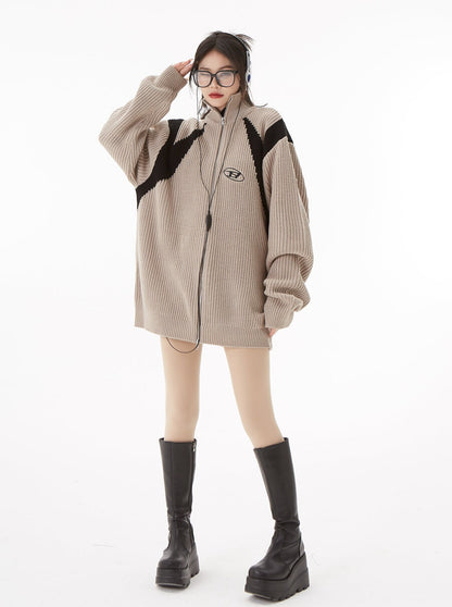 Contrast Knit Zip Sweater Cardigan