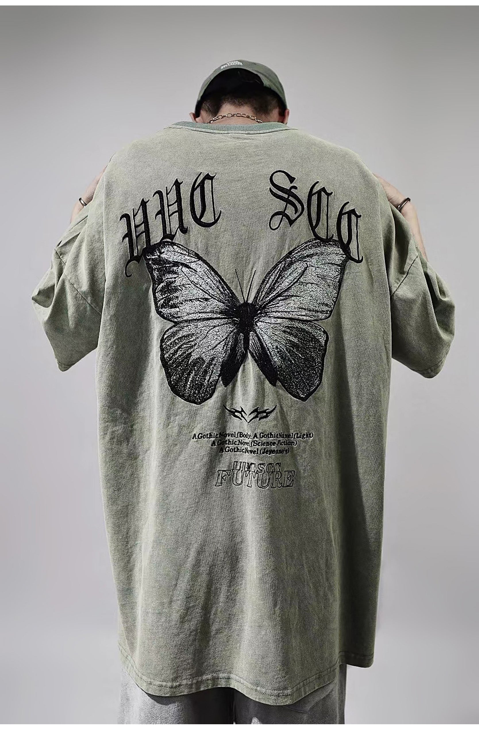 Grunge Streetwear Butterfly Embroidered Vintage Washed T-Shirt
