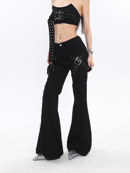 Cross Buckle Flared Jeans