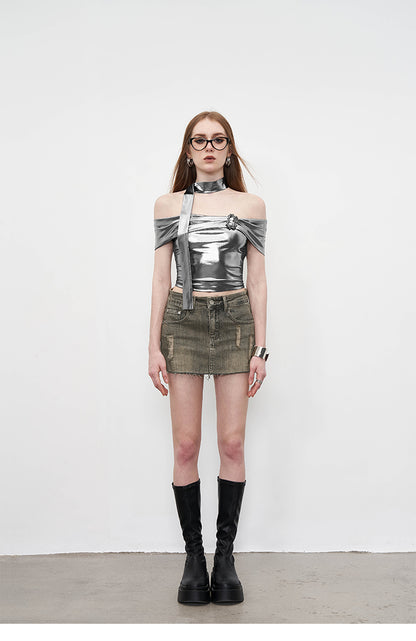 Liquid Silver Off Shoulder Top