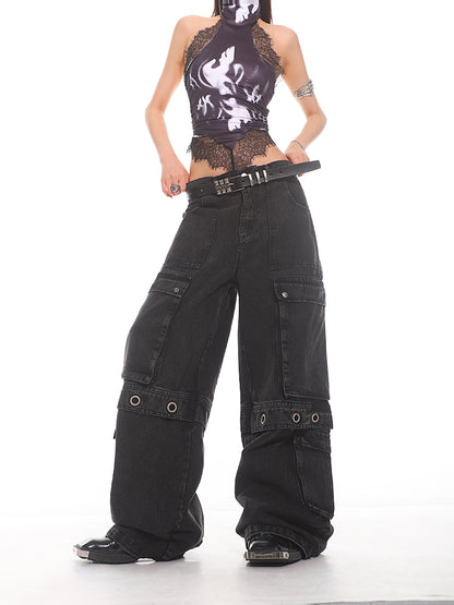 Vintage Wash Cargo Utility Denim Pants