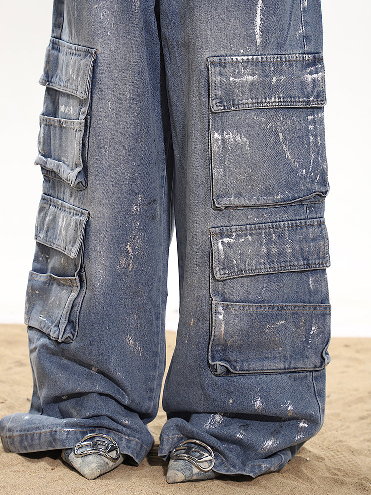 Paint Splatter Wide Leg Cargo Denim Pants