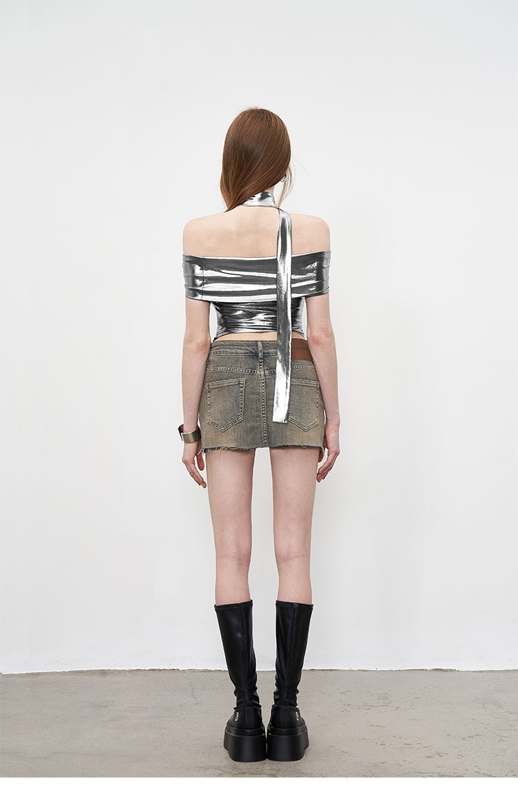 Liquid Silver Off Shoulder Top