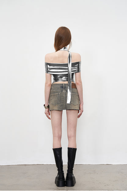 Liquid Silver Off Shoulder Top