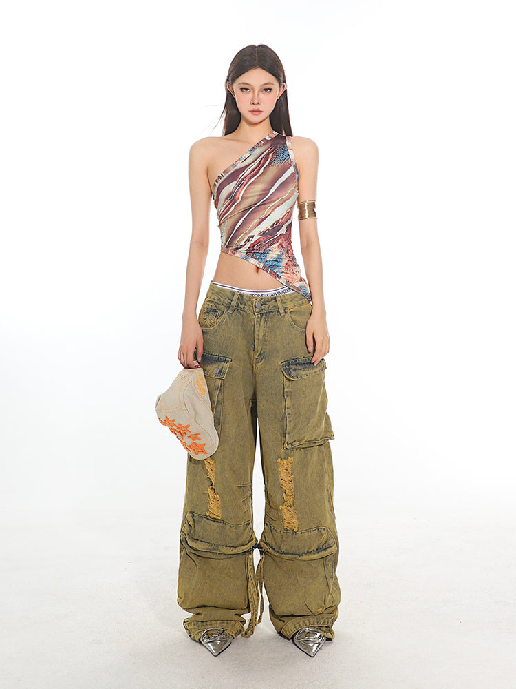 Vintage Destroyed Denim Cargo Pants