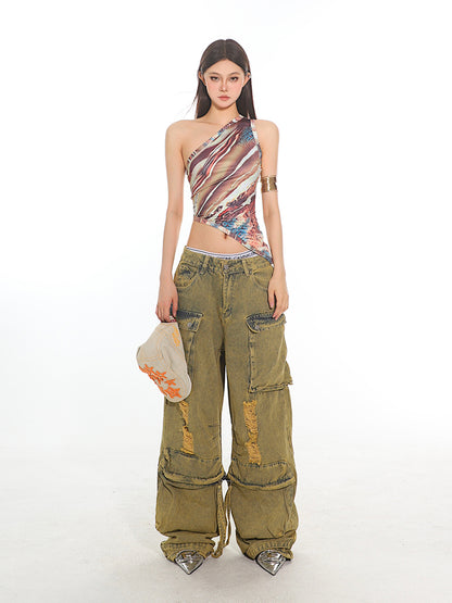 Vintage Destroyed Denim Cargo Pants