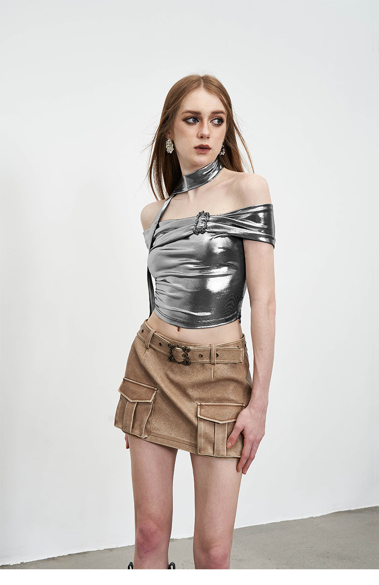 Liquid Silver Off Shoulder Top