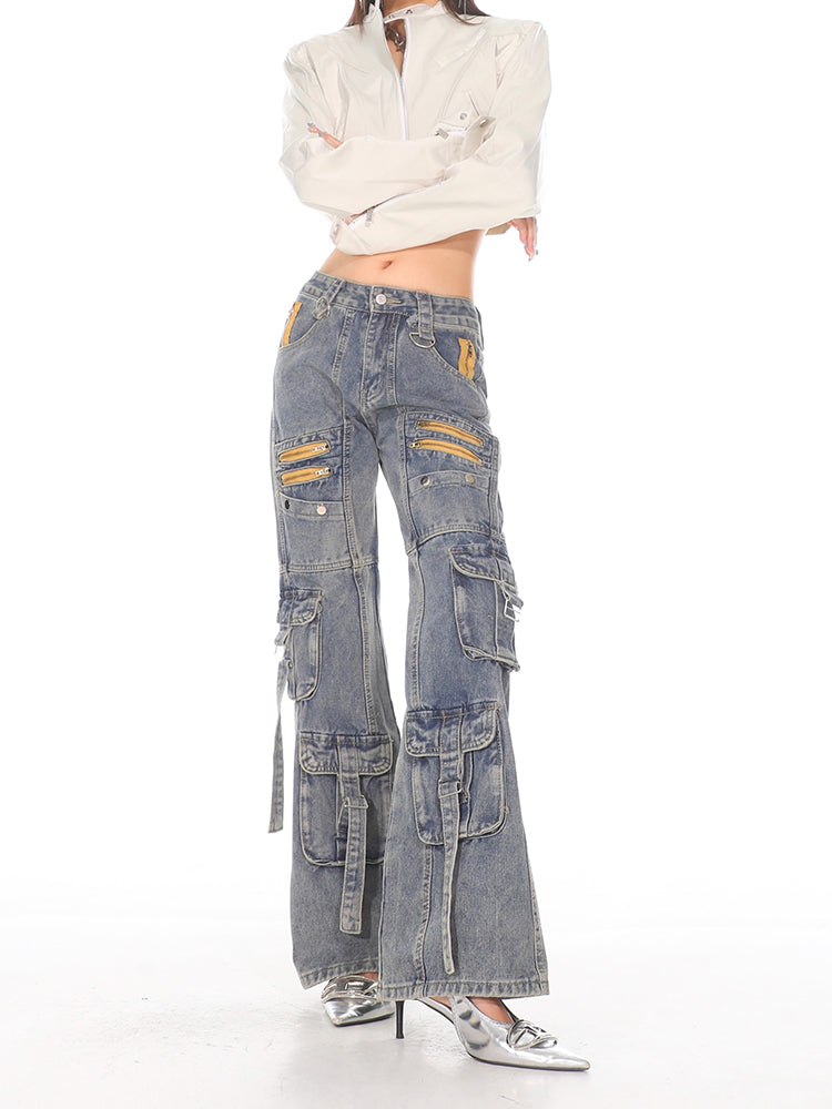 Vintage Wash Utility Cargo Flare Jeans