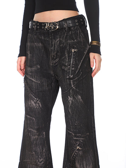 Black Distressed Denim Jeans with Zipper Details
