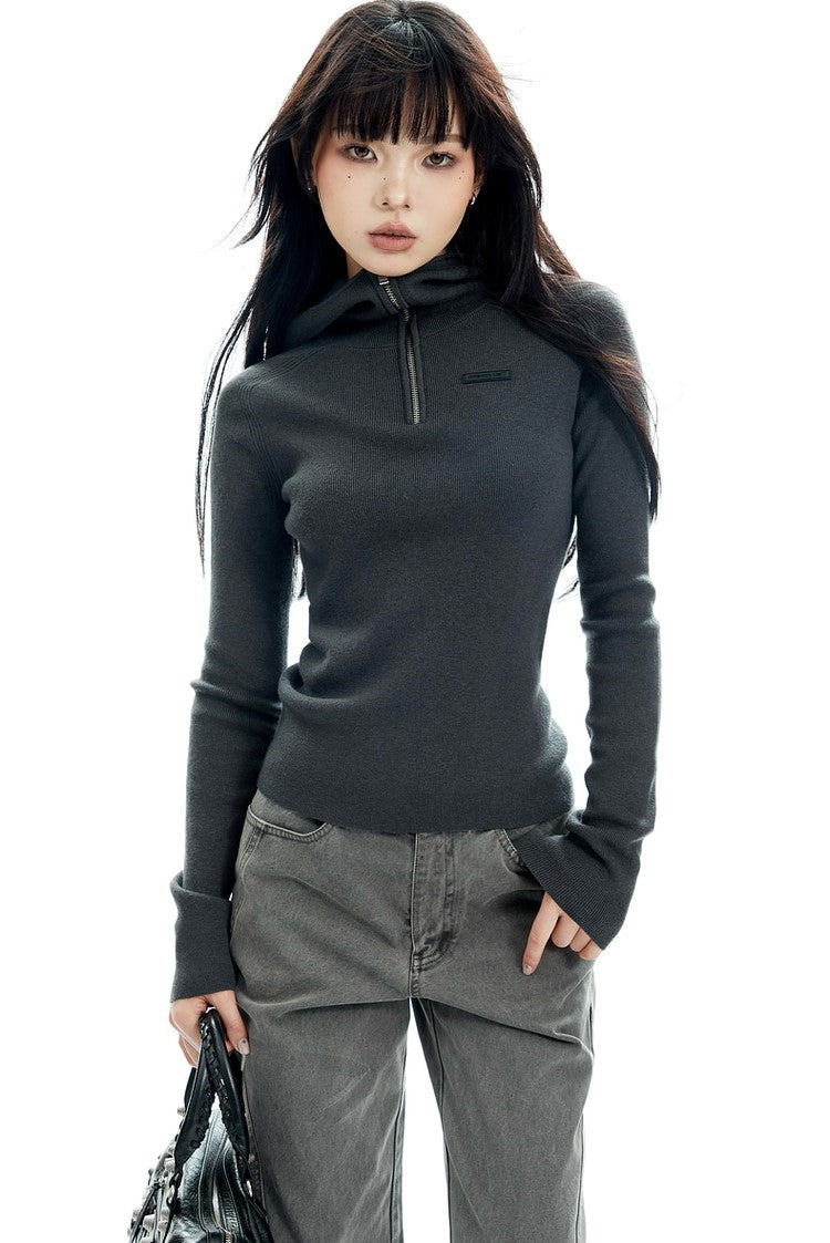 Ribbed Half Zip Hooded Long Sleeve Top