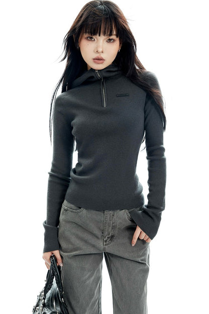 Ribbed Half Zip Hooded Long Sleeve Top